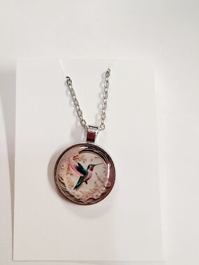 Hummingbird Pendant Necklace in Pink and Teal